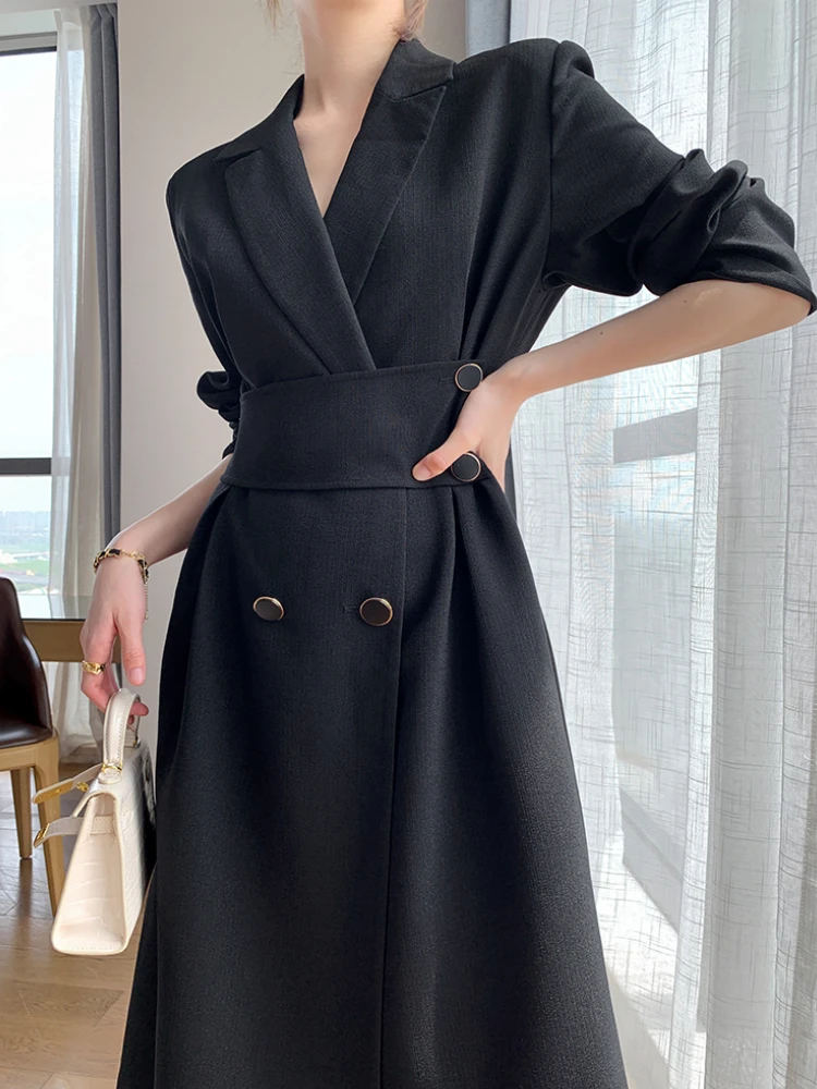 Women\'s Spring Autumn Casual Elegant Midi Black Dress Long Sleeve A-Line Party Vestidos Female Fashion Korean Outwear Clothes