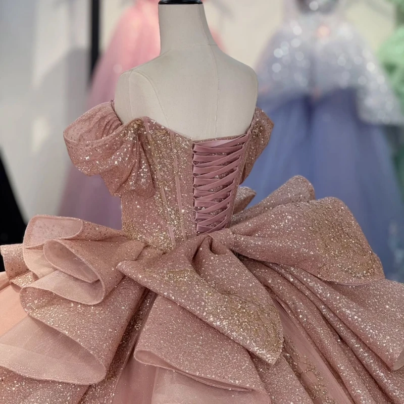 Rosa glänzende Prinzessin Sweet-16 Kleid Kleid Quinceanera Kleider Gold Applikation Perlen Korsett Tüll Party Geburtstag Vestidos 15 Jahre