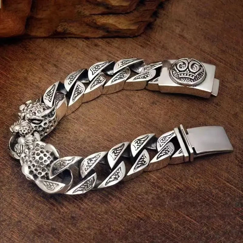 Luxury S925 Leopard Braided Double Leopard Head Bangle Men's Vintage Handmade Silver Bangle Holiday Gift Wholesale
