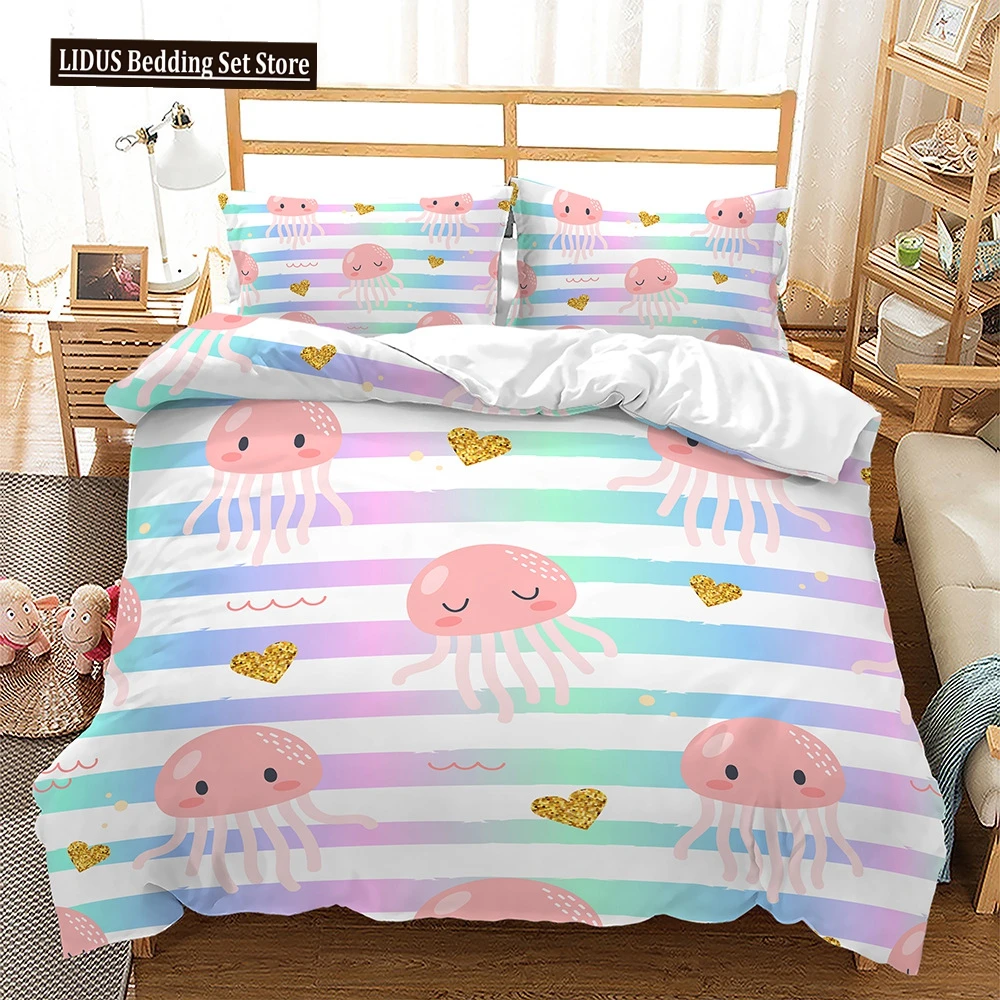 

Animals Theme Duvet Cover Set Jellyfish Mermaid Cartoon Pattern Kawaii Bedding Set King Twin Full Size Polyester Comforter Cover