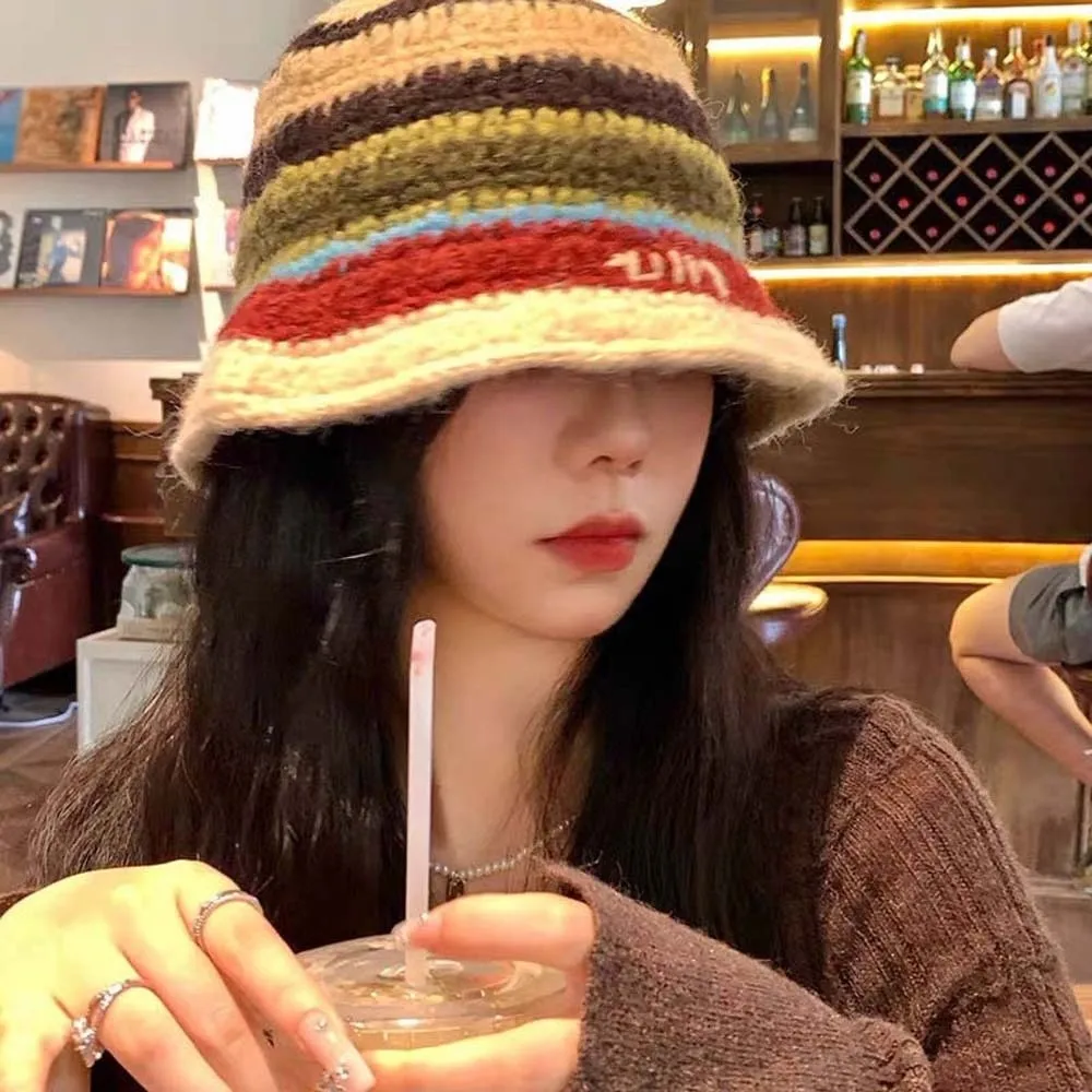 

Warm Knitted Bucket Hat Temperament Contrast Color Striped Fisherman Hat Acrylic Fibers Anti-cold Woven Basin Cap Autumn