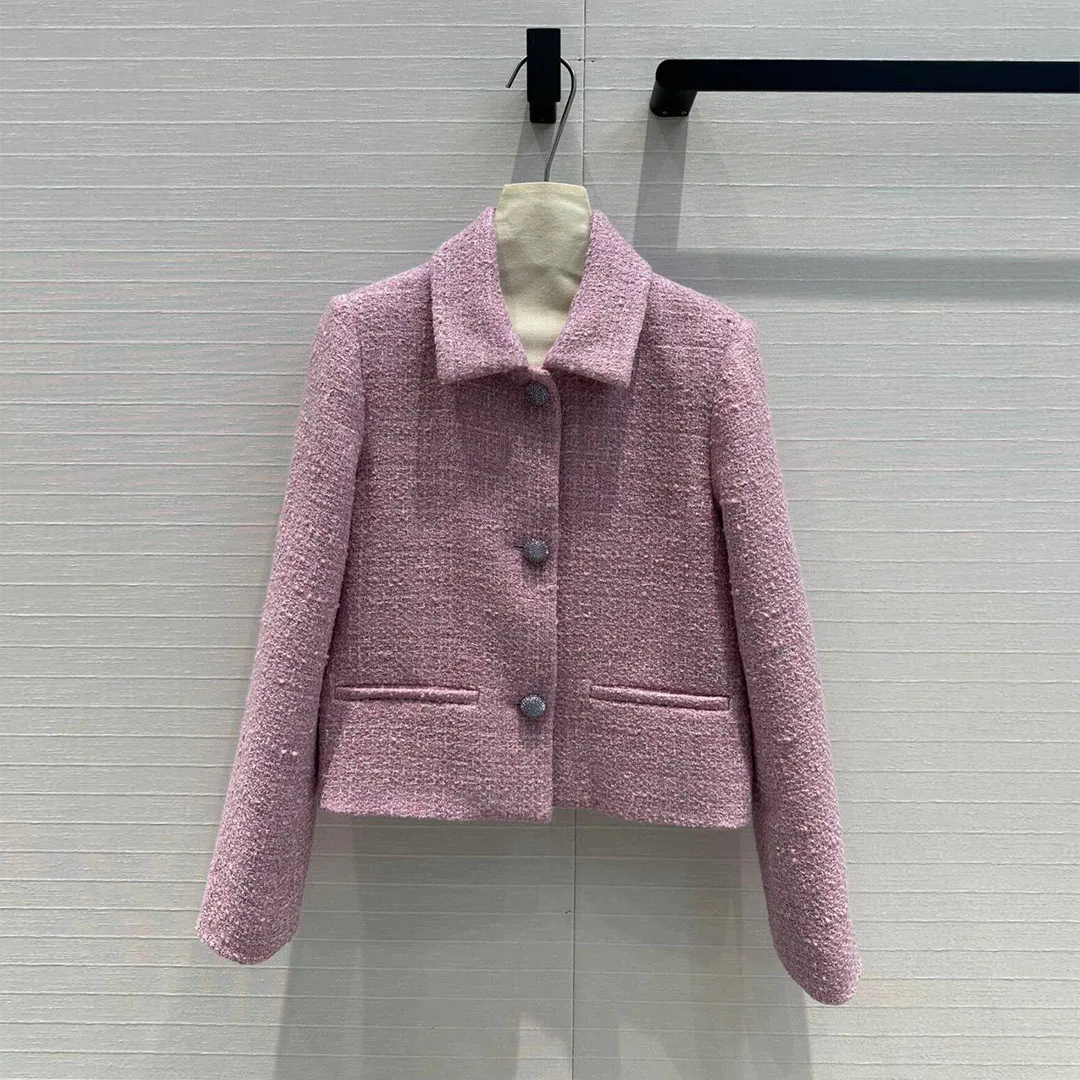 

2024 Early Autumn Vintage Light Purple Tweed Jacket Women Lapel Long Sleeve Diamonds Buttons Short Design Slim Sweet Girl Coat