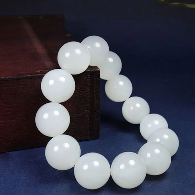 Natural White Jade Bracelet Men Women Healing Jewelry Gift Real Chinese Hetian Jades Stone Beads Elastic Beaded Nephrite Bangles