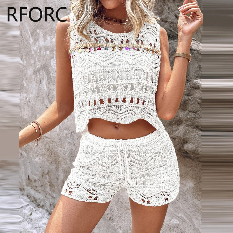 2024 Women Solid Hook Flower Hollow Asymmetrical Tied Detail Crop Top & Bottom Two Pieces Chain Decor Short Set