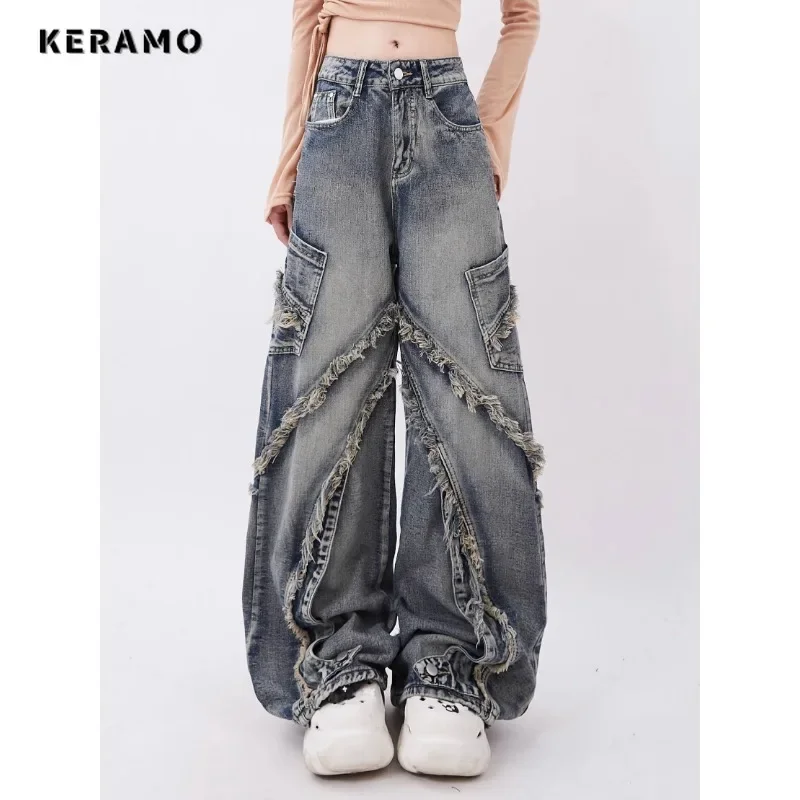 Harajuku High Waist Loose Jeans Women's Casual Retro Wide Leg Baggy Emo Denim Trouser 2024 Winter Tassels Y2K 2000s Pants