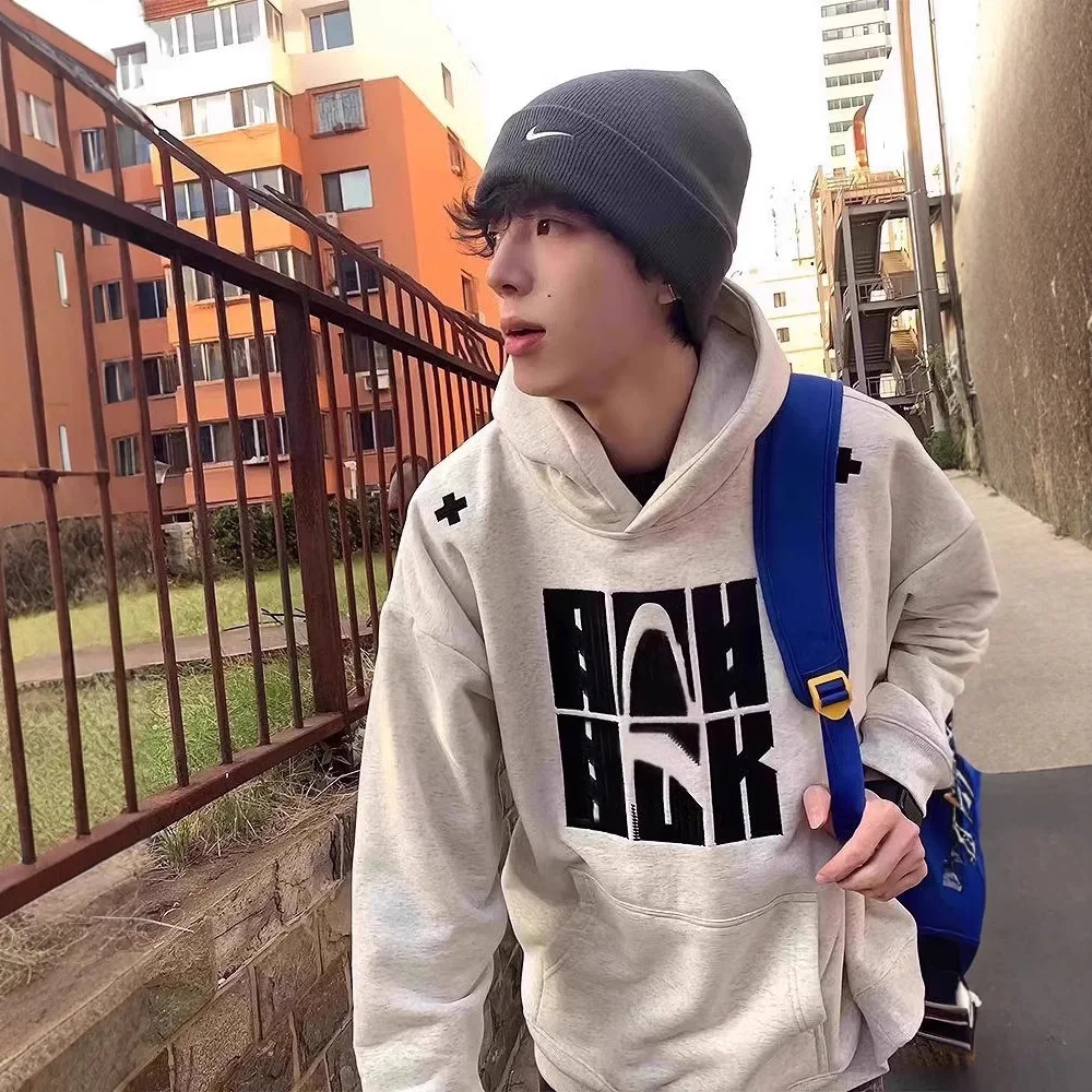 

Flower Gray Embroidered Hooded Sweater Men's Autumn and Winter American Retro Trendy Brand High-end Heavy Teen Coat