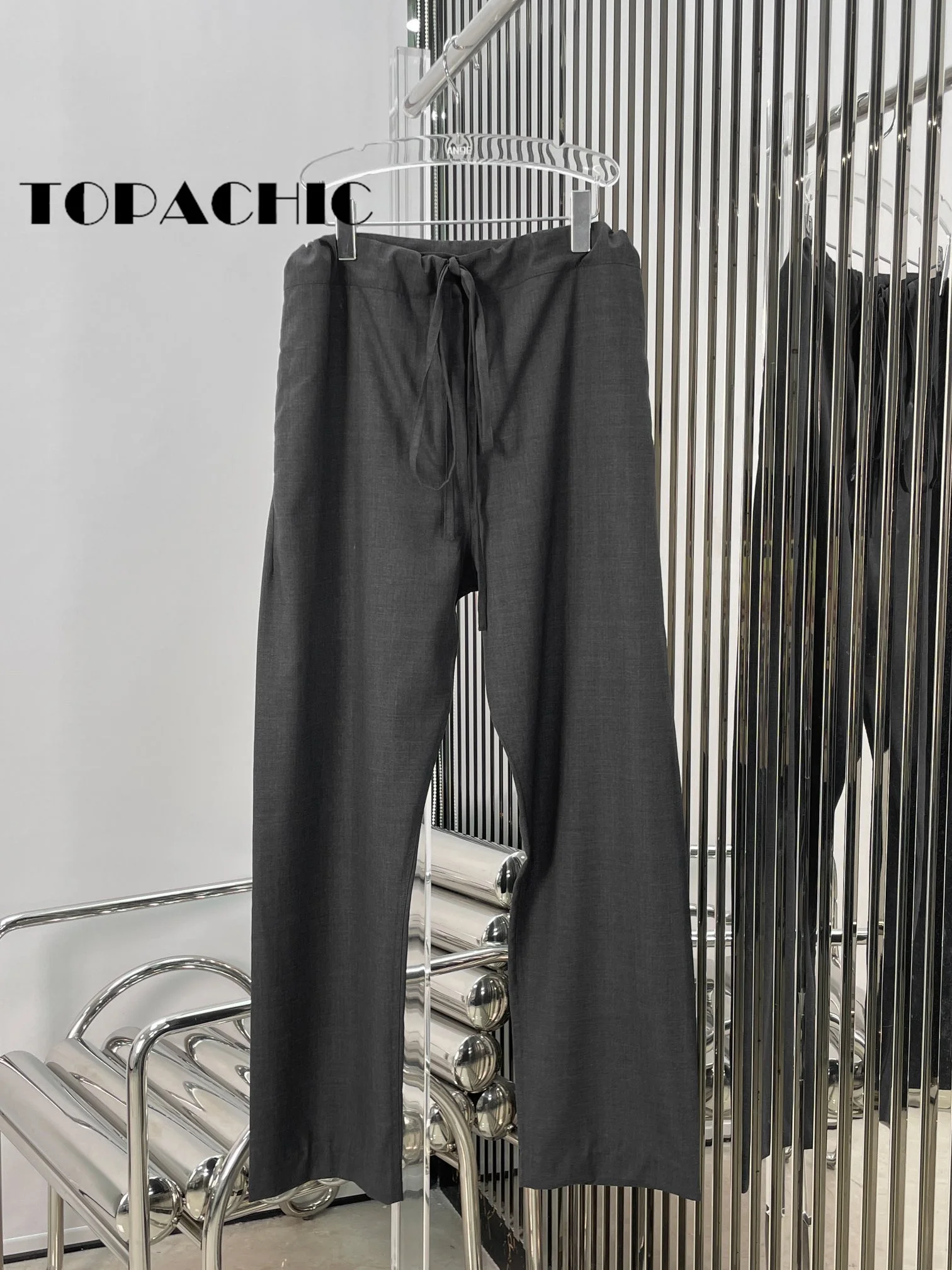 7.6 TOPACHIC Female Drawstring Bandage High Waist Suit Pants For Women 2024 New Wool Blend Classic Office Casual Trousers