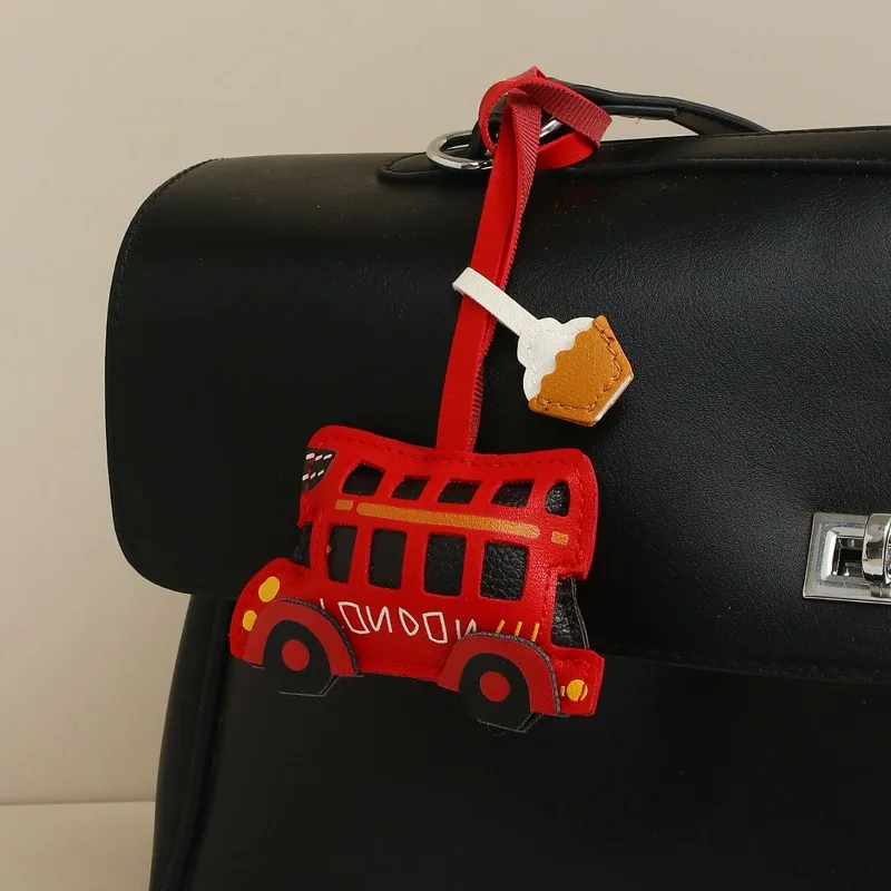 Handmade Leather Bus & Coffee Cup Keychain Minimalist Bag Charm Fashion Backpack Pendant Accessory