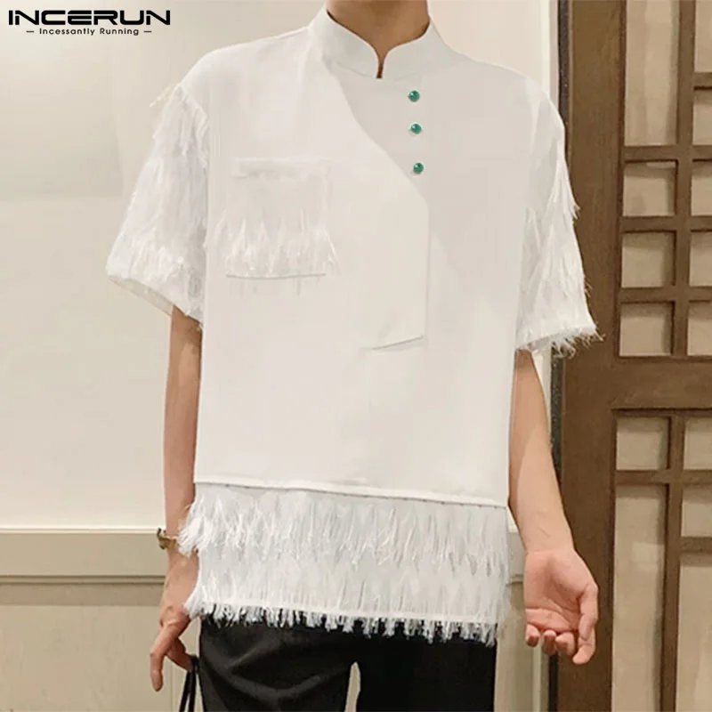 

INCERUN Tops 2024 Korean Style Men's Solid Tassel Patchwork Design Shirt Casual Streetwear Male Short Sleeved Lapel Blouse S-5XL