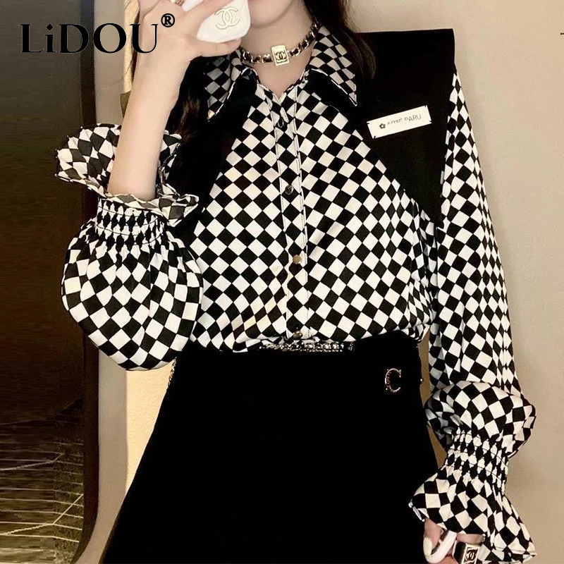 Spring Autumn Casual Fashion Vintage Plaid Print Elegant Shirt Top Women Long Sleeve All-match Button Up Blouse Femme Cardigans