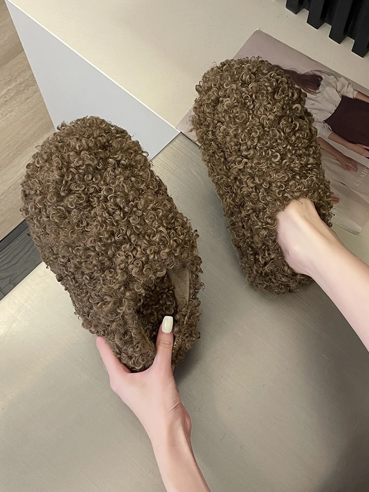 Fur Shoes Flock Winter Woman Slipper Pantofle Med Platform Cover Toe Slides Plush 2024 Rome Hoof Heels Rubber Fabric House Slipp