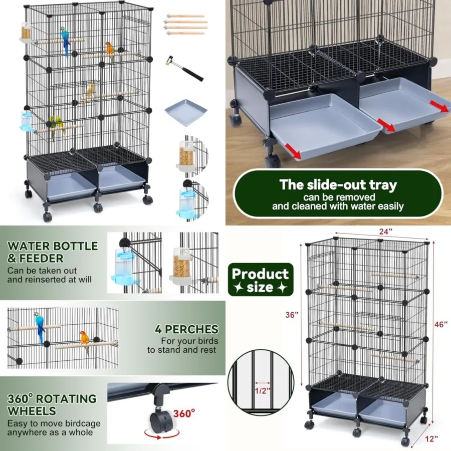 

Upgraded Encrypted 46-Inch Bird Cage, with Wooden Perches, Metal Parakeet Cage with Slide-Out Tray, Water BottleandFeeder, Bird