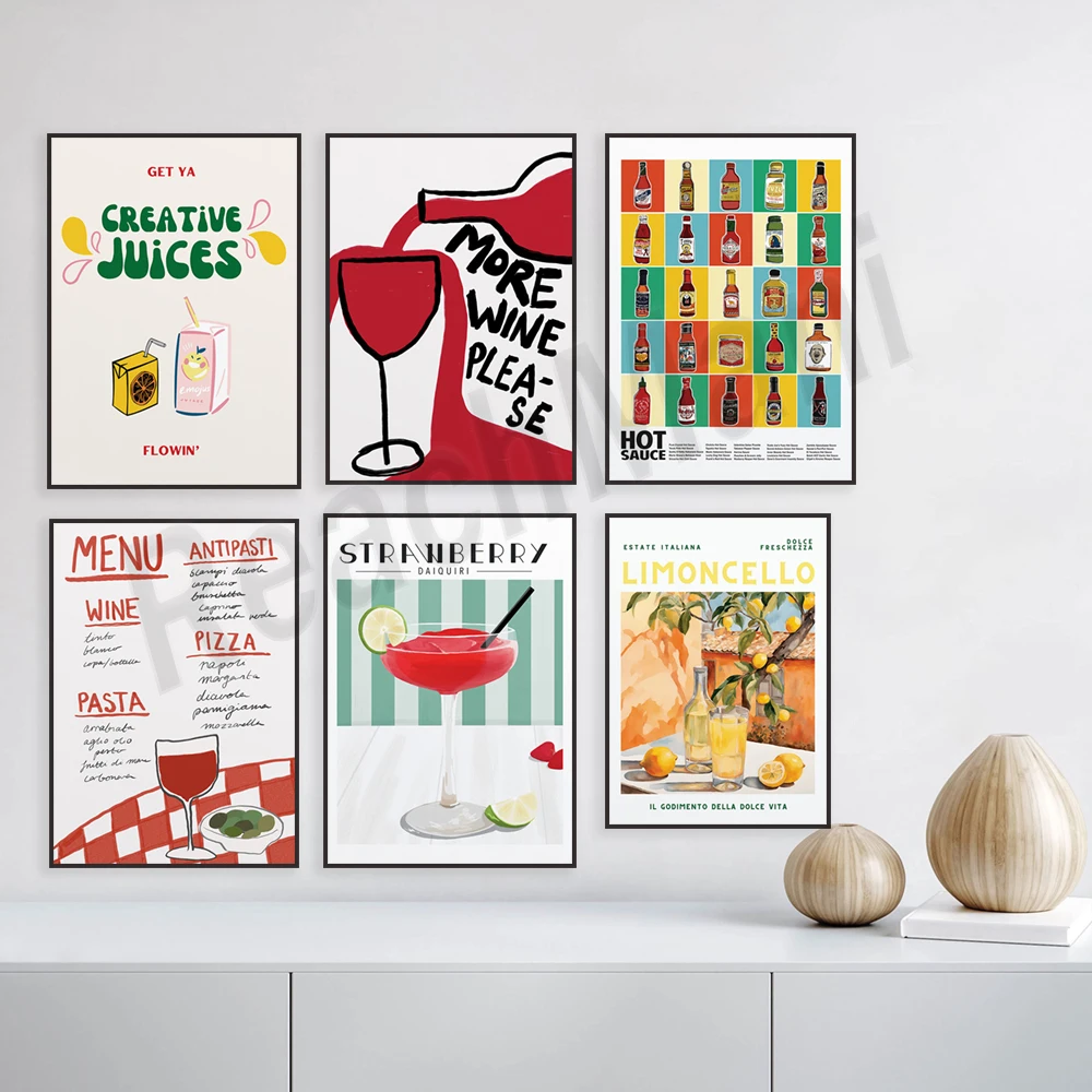 Strawberry lemonade, juice, martini three olives, green tea, cocktail, more wine, strawberry daiquiri, condiments platter poster