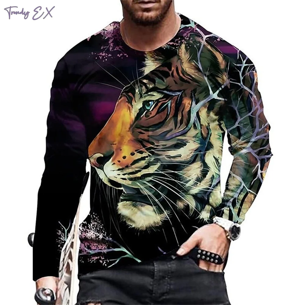 T-Shirts for Men Cool Tiger Print Ventilate Fashion Graphic T Shirts Tops Street Microelastic O-Neck Long Sleeve T Shirt Men