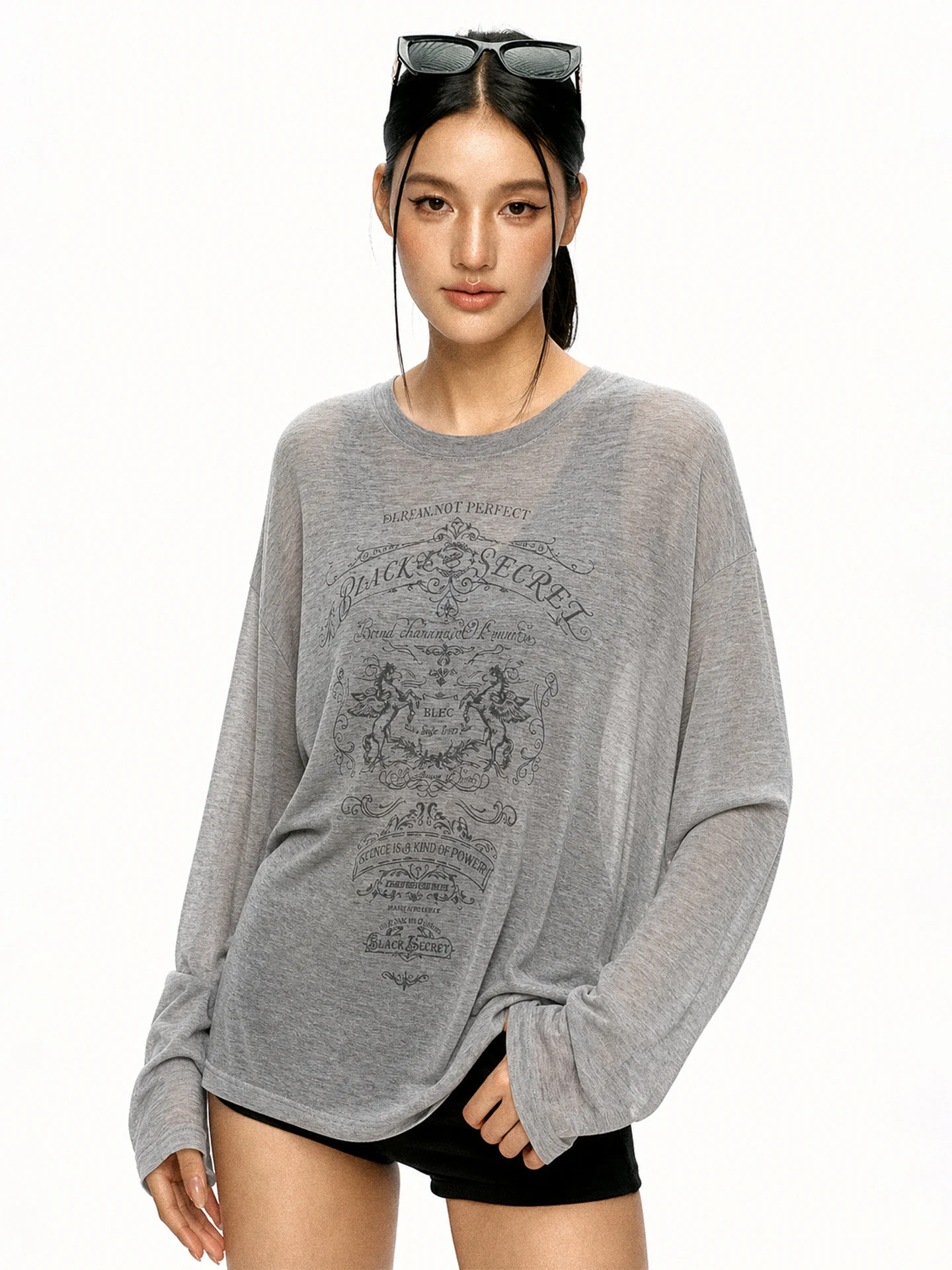 Loose Fit Long Sleeve Printed T-Shirt Women's Early Autumn Casual Versatile Semi-Transparent Cover up Trendy round Neck Overhead