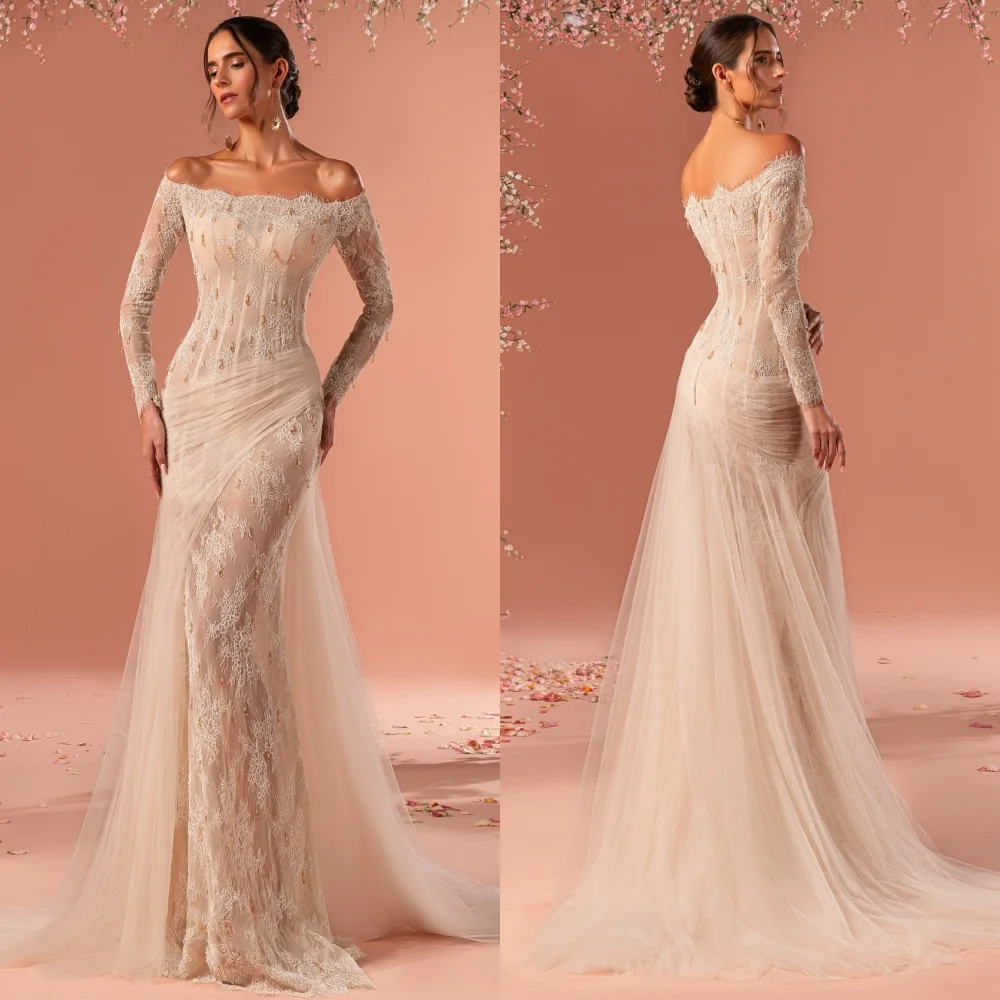 

Customized Modern Style Formal Tulle Rhinestone Lace Mermaid Off-the-shoulder Long Dresses Bespoke Occasion Dresses Matching
