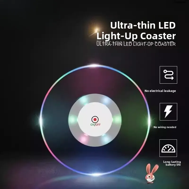 

New LED Flaing Coaster Transparent Anti-Slip Multicolor Bar Cotail Base Lamp Glowing Square Wood Material Japanese Sle