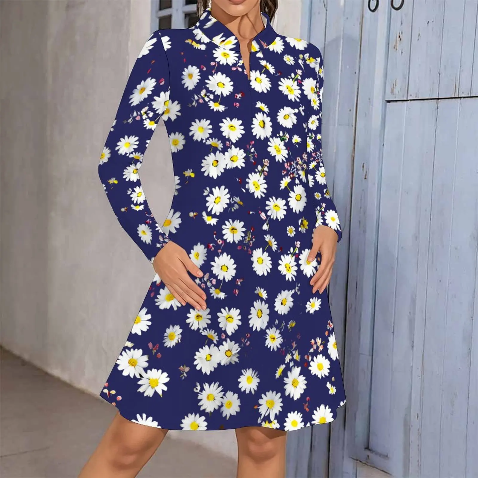Retro Style Women's Printed Stand Collar Knee-length Dress Daily Casual Beach Party Long-sleeved Skirt