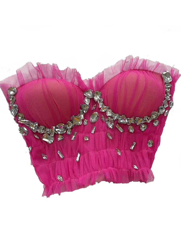 Moda rosa vermelha malha noite casamento baile de aniversário strass fotografia tutu vestido sexy desempenho dança traje palco wear