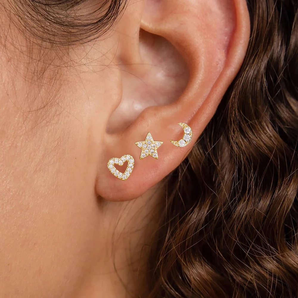 3Pcs Gold Plated Heart Moon Star Ear Stud Set New Fashion Push-And-Pull Type Earrings For Women Girls Jewelry