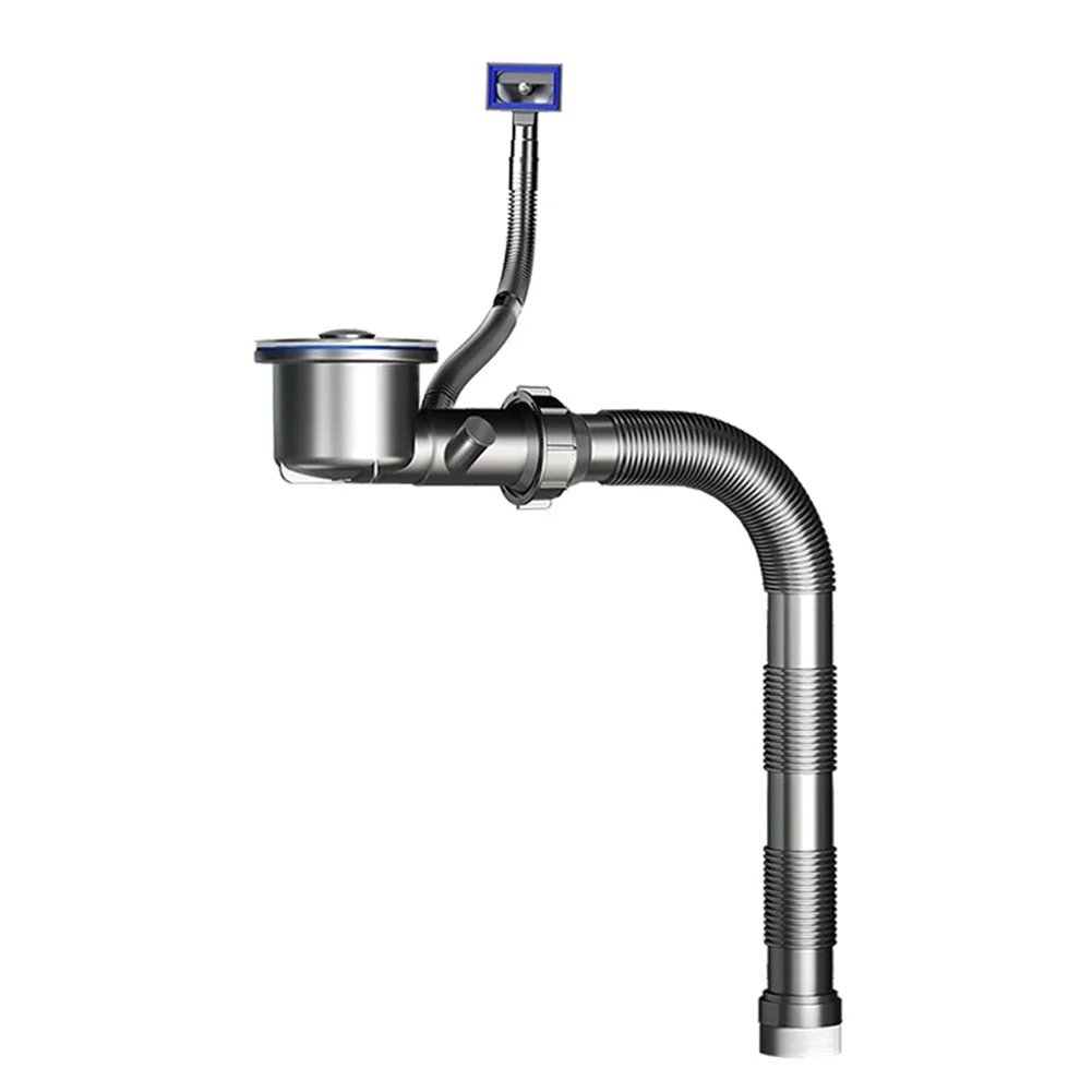 Drain Pipe for Kitchen Sink Made of Stainless Steel with Dual Overflow Spoon Cup Compact P Trap and Barrier Valve