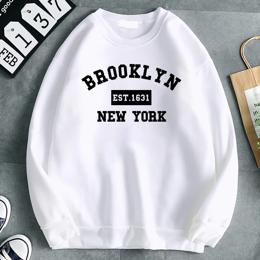 

Простой модный женский свитшот Brooklyn Est. 1631 Теплые удобные пуловеры с капюшоном и буквенным принтом Нью-Йорка, мягкая флисовая одежда