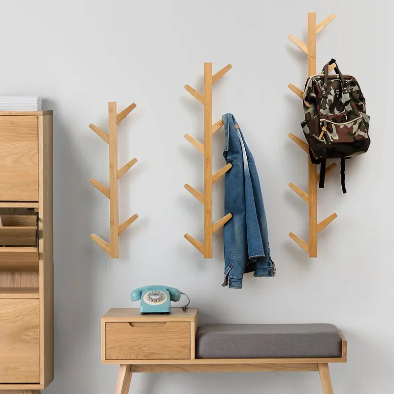 رف معطف خشبي مثبت على الحائط من الخيزران - 6/8/10 خطافات لغرفة المعيشة/غرفة النوم، مع رف مزخرف NJ71003 #2