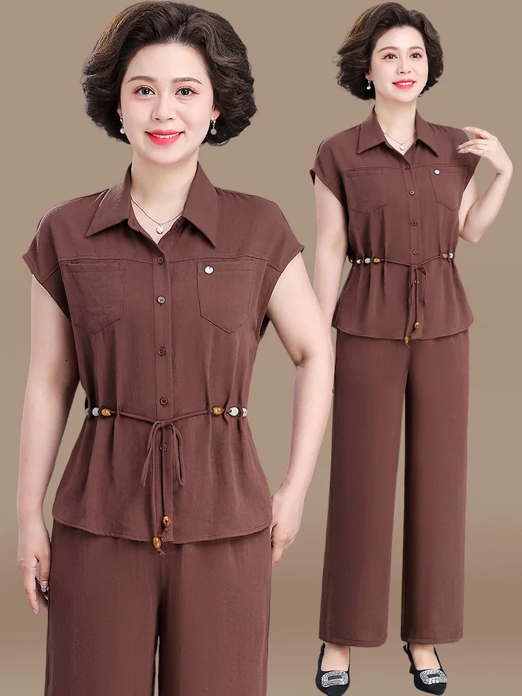 

Faionable Cotton Linen Two-Piece Set ort Sve Women's irt for Middle-Aged And ly Summer Ele And and