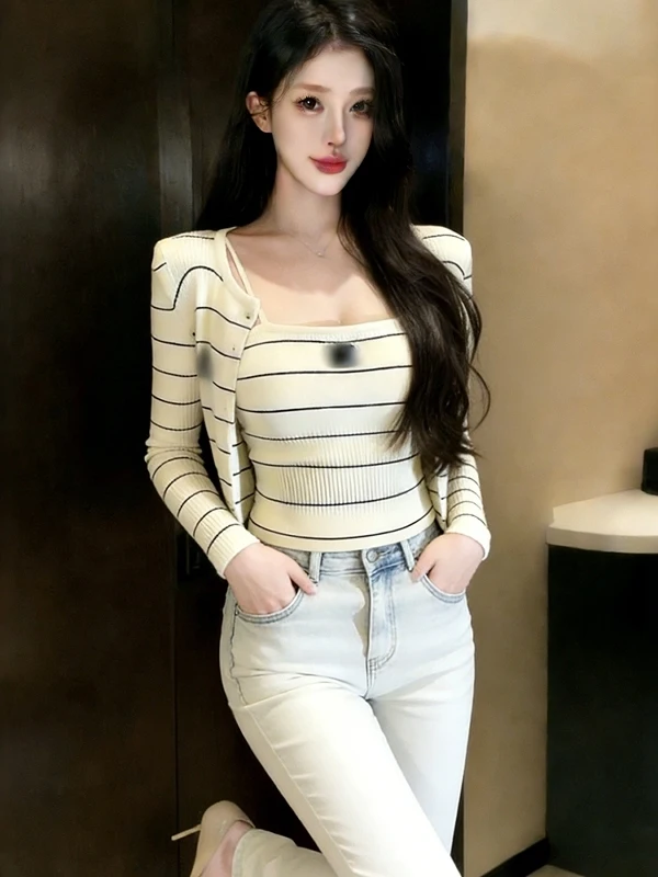 

Весенняя новинка: Женский вязаный комплект из кардигана в полоску и топа без рукавов, повседневный стиль, приталенный крой, длинный рукав, укороченная длина, модный дизайн