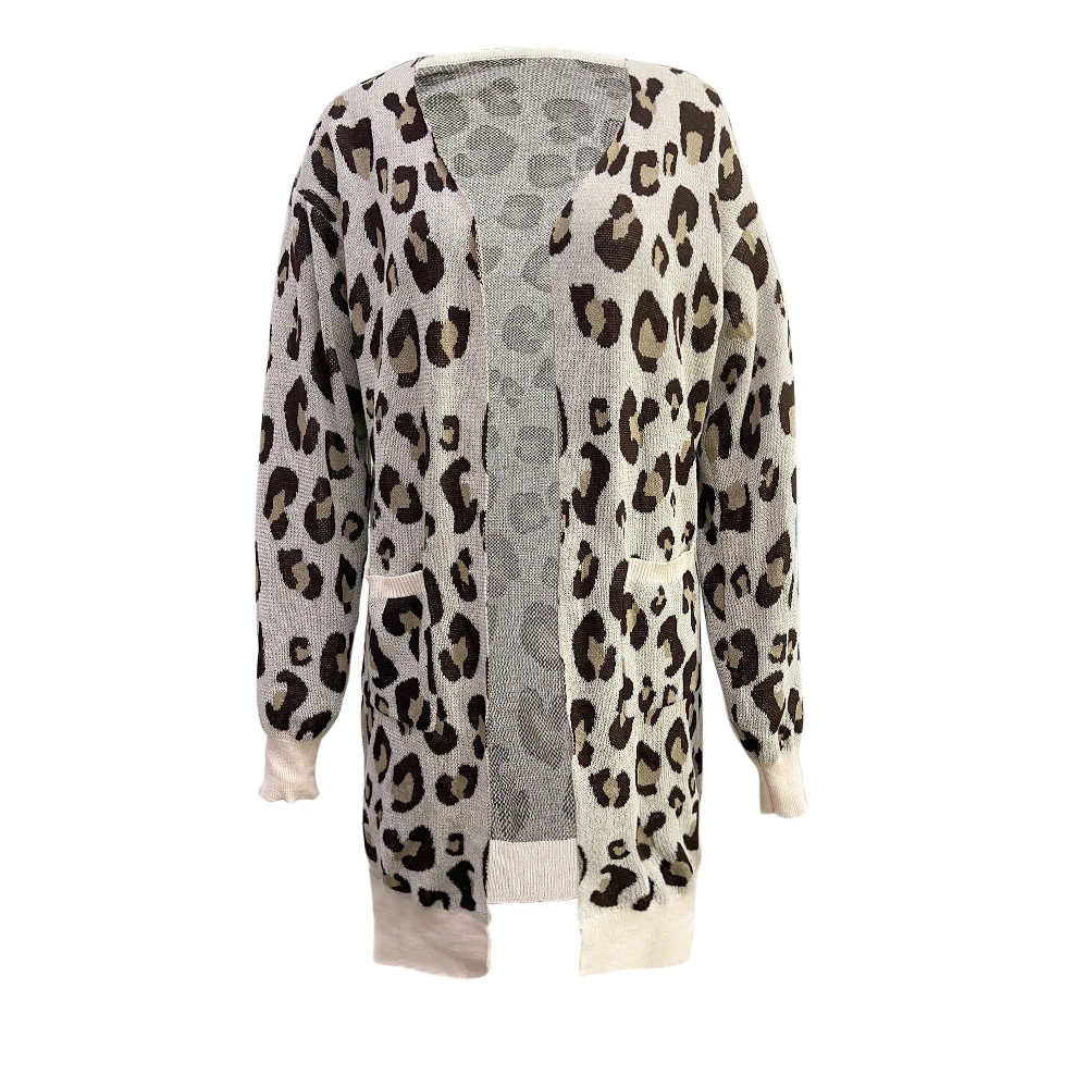 Autumn Winter Leopard Print Open Cardigan Long Knitted Sweater Women's Fashion Outerwear