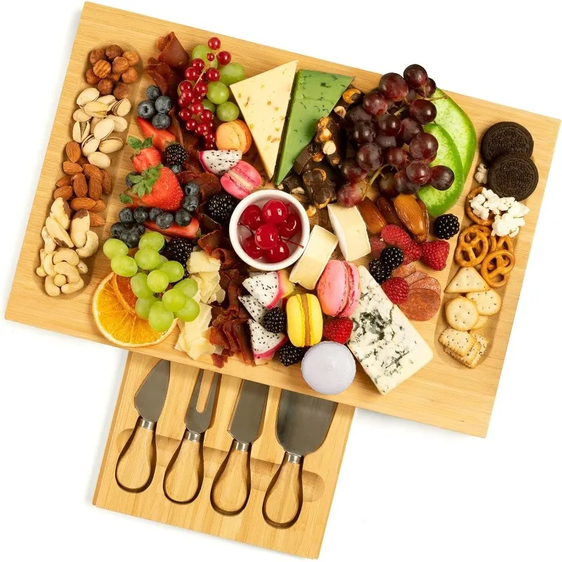 

Premium Bamboo Charcuterie Board Set - Cheese Platter & Serving Tray Housewarming Gift, Wedding Gift