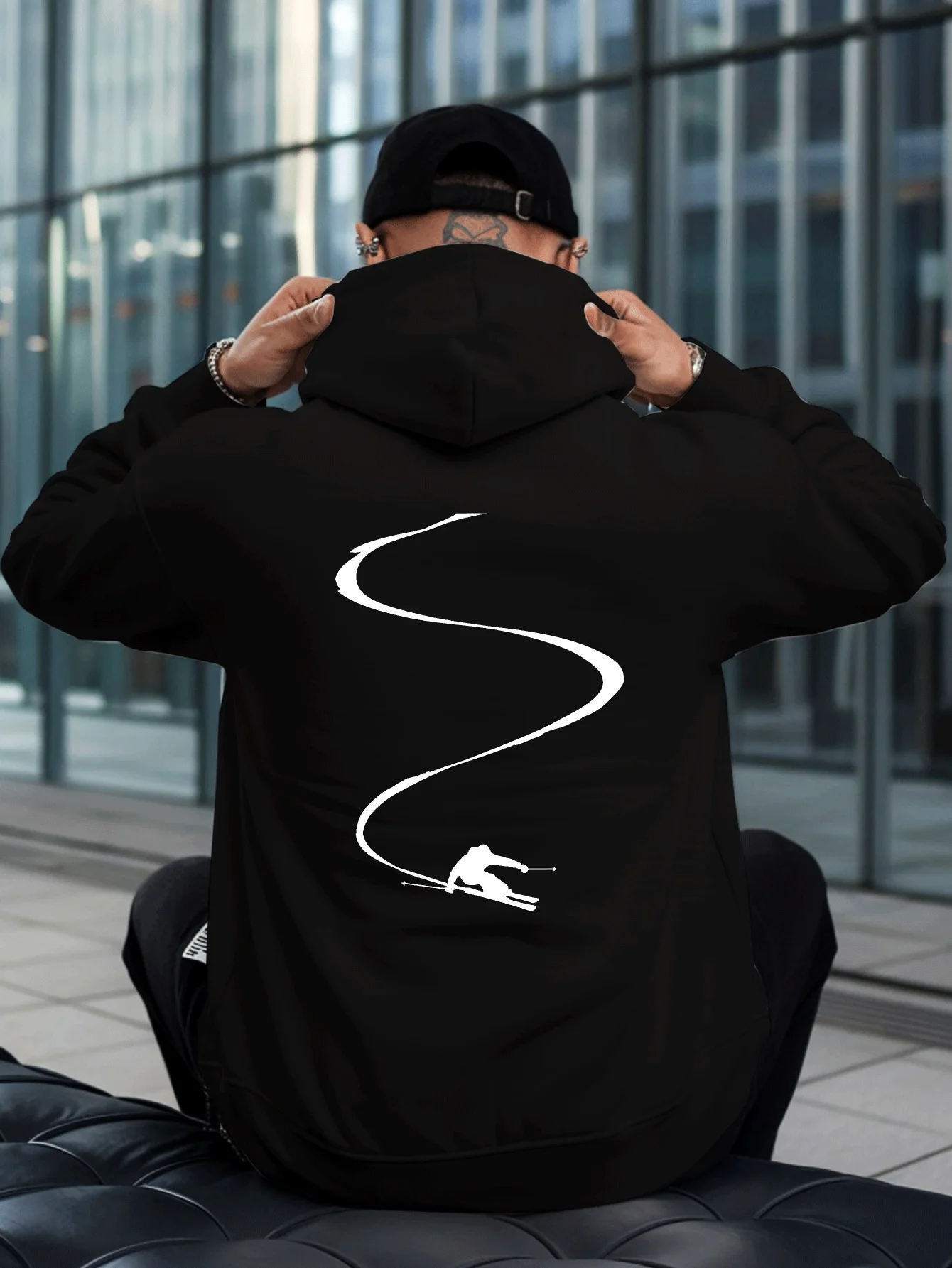 Snow slope skiing silhouette elements men's loose hooded sweatshirt hip-hop sport outdoor extreme sports trendy pullover shirt
