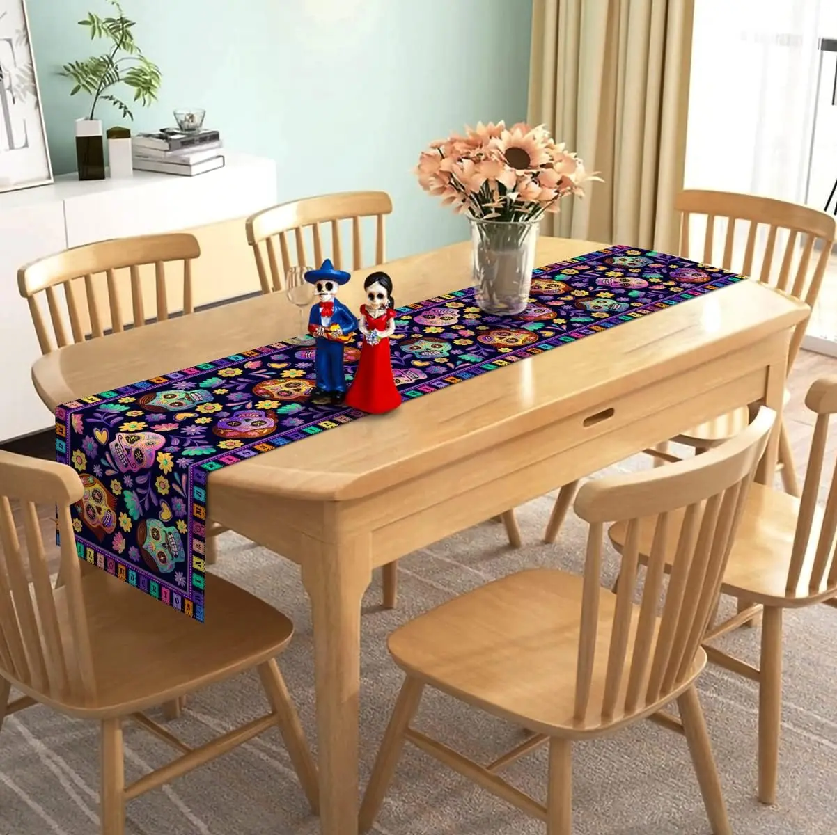 Mexican Sugar Skull Linen Table Runner Fiesta Decor Dia De Los Muertos Day of The Dead Kitchen Table Runner Halloween Decoration