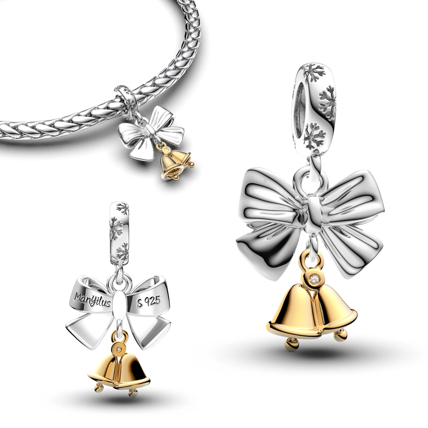 

925 Sterling Silver Bow Bell Dangle Charm Bead & Pendant Two Tone Engraved Fit Original Bracelet & Necklace Christmas Xmas Gift