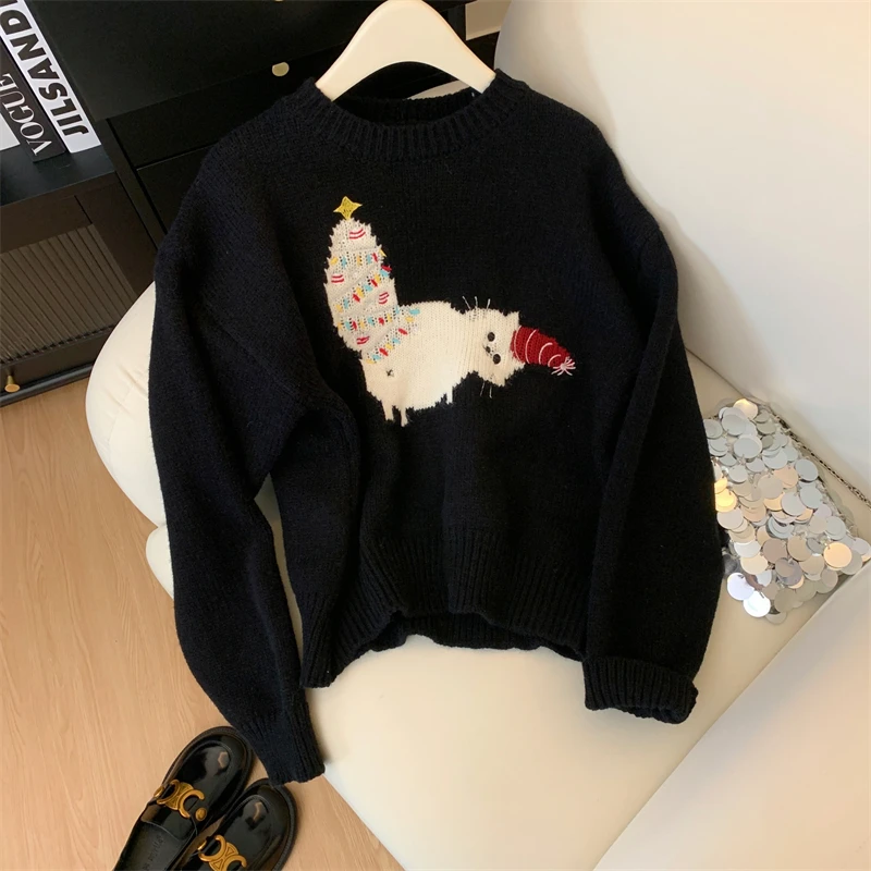 Autumn and Winter New Round Neck Pullover Soft Cat Sweater Winter Christmas Tree Embroidery Wool Loose Sweet Knit Top