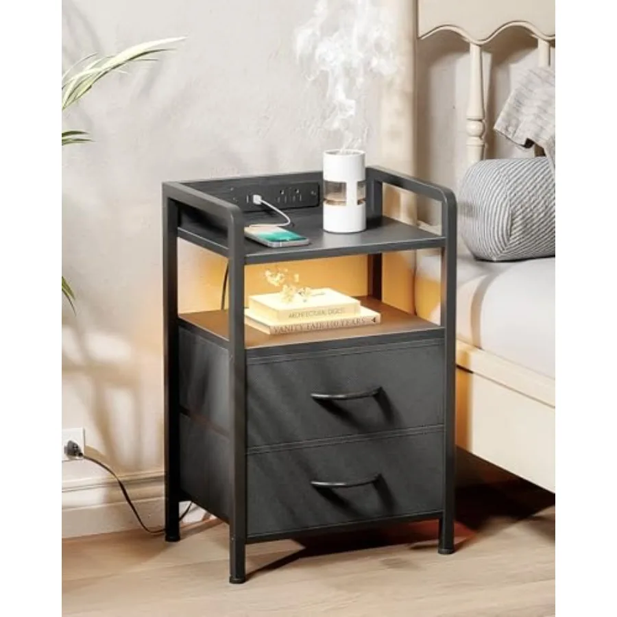 Night Stand Bedside Charger Bedroom - Nightstand with Charging Station and LED Light Strip, Night Stand with Storage Shelf and