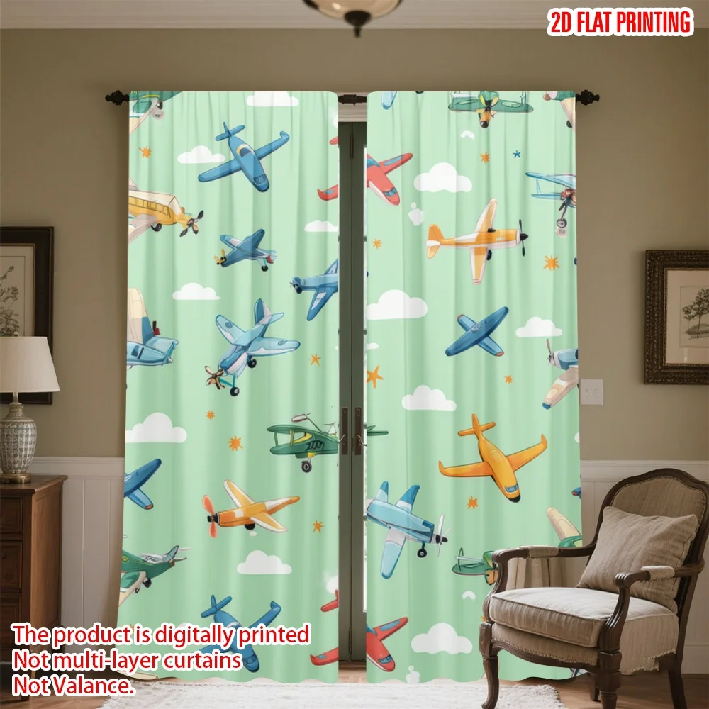 

2D flat printing 2pcs Scene Curtains Colorful Airplanes in Sky Digital Printed Polyester Drapes Family Party Decoration for