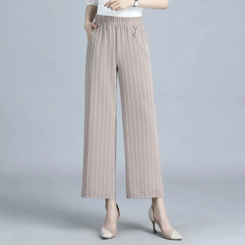 Women's New Style Spliced   elastic High Waist Pocket Striped Loose Straight-leg Casual Trousers