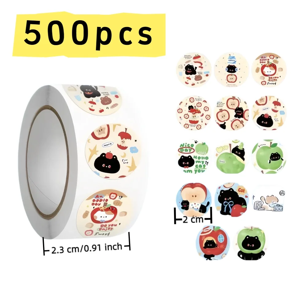 500 قطعة من لفة ملصقات القطة السوداء والتفاح كاواي - 14 أنماط لطيفة لمخطط سجل القصاصات بنفسك والهدايا لمحبي القرطاسية