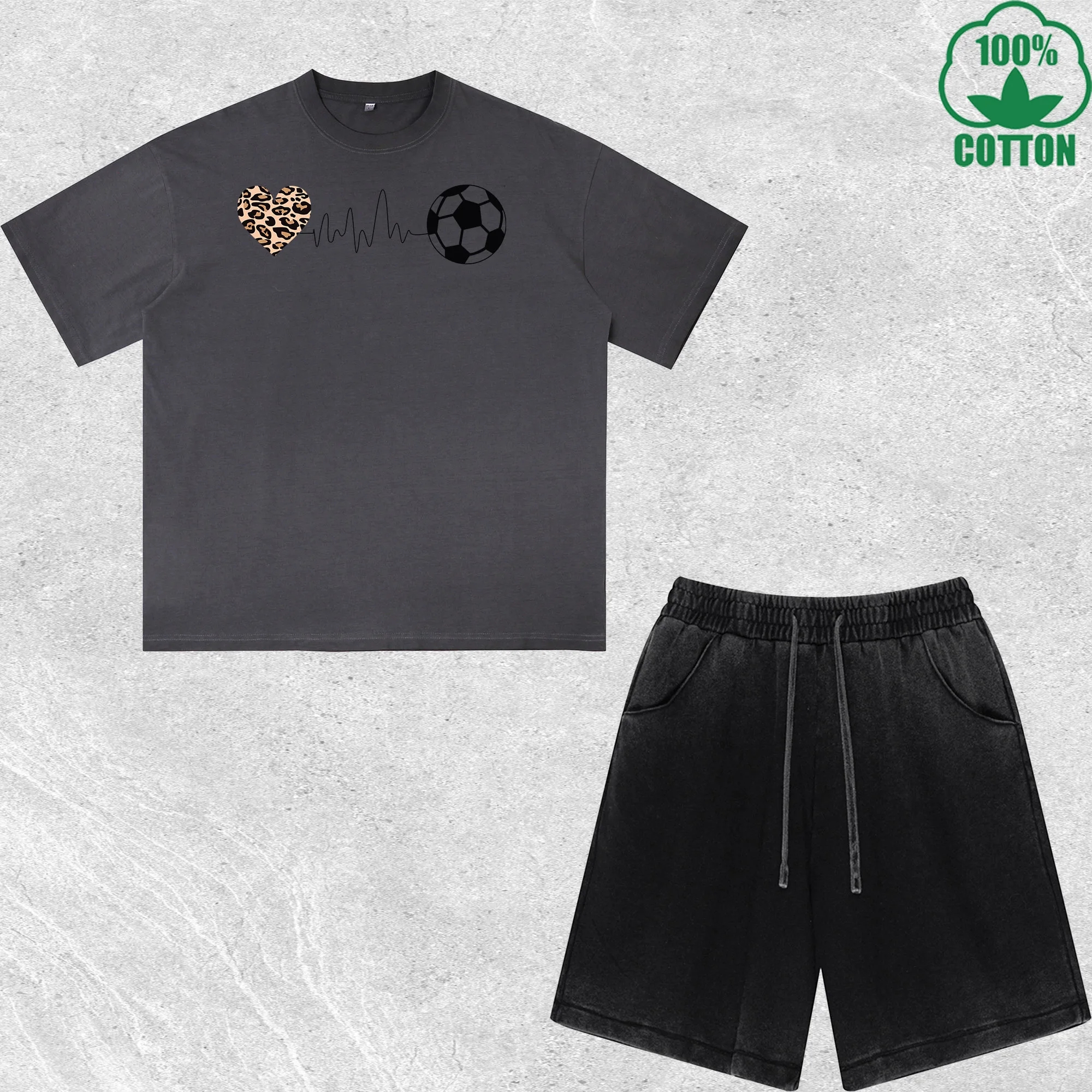 Love Soccer Printed Dirty Wash T-Shirt Shorts Set Combo Loose Trendy Fashionable 100%Cotton Short Value Pack