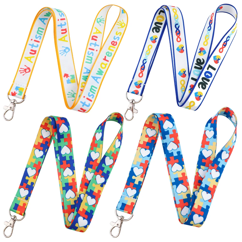 Autism Awareness Puzzle Style Office ID Card Holder Neck Strap Lanyards USB Badge Holder Card Cover Key Chain Accessories Gifts