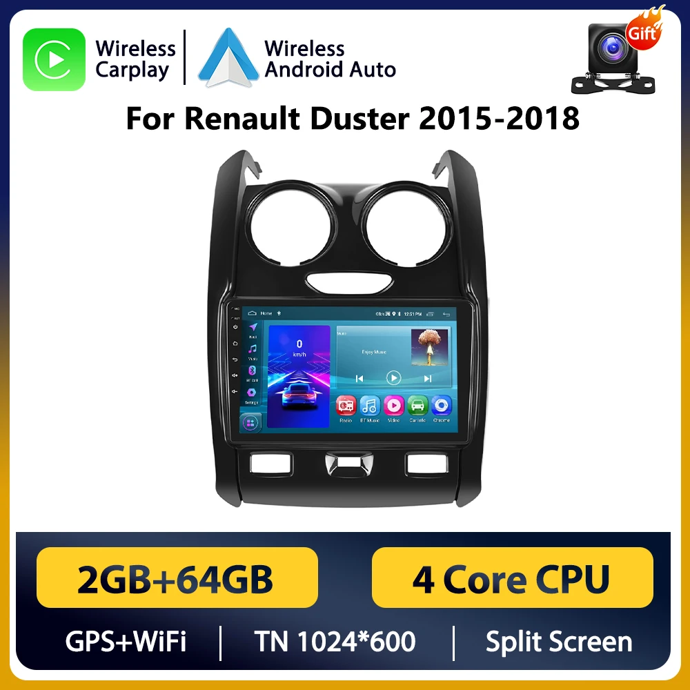 Podofo Draadloze Android Carplay Auto voor Renault Duster 2015-2018 Auto Multimedia Speler Autoradio 2Din WIFI Stereo