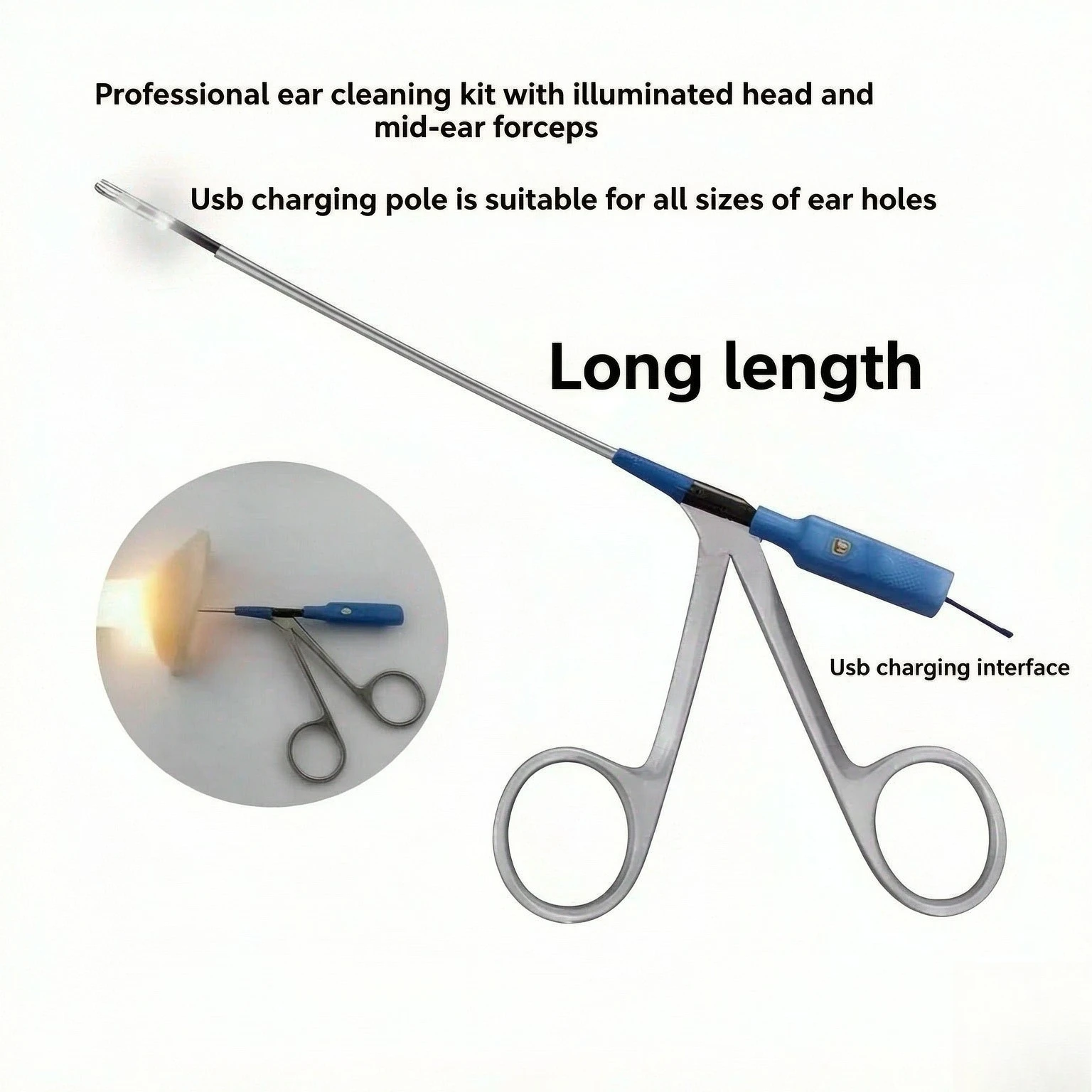 Medical Ear Wax Pick Tongs with Lights Earwax Remover Micro Alligator Crocodile Forceps Earpick Ear Nose Cleaning