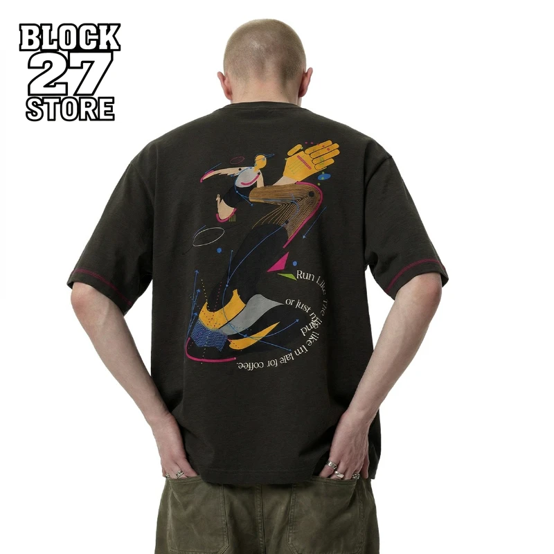 Mens T Shirt Color Block Line Print Sports Tee Harajuku Unisex Loose Fit Breathable Crew Neck Casual Streetwear Fashion Trend
