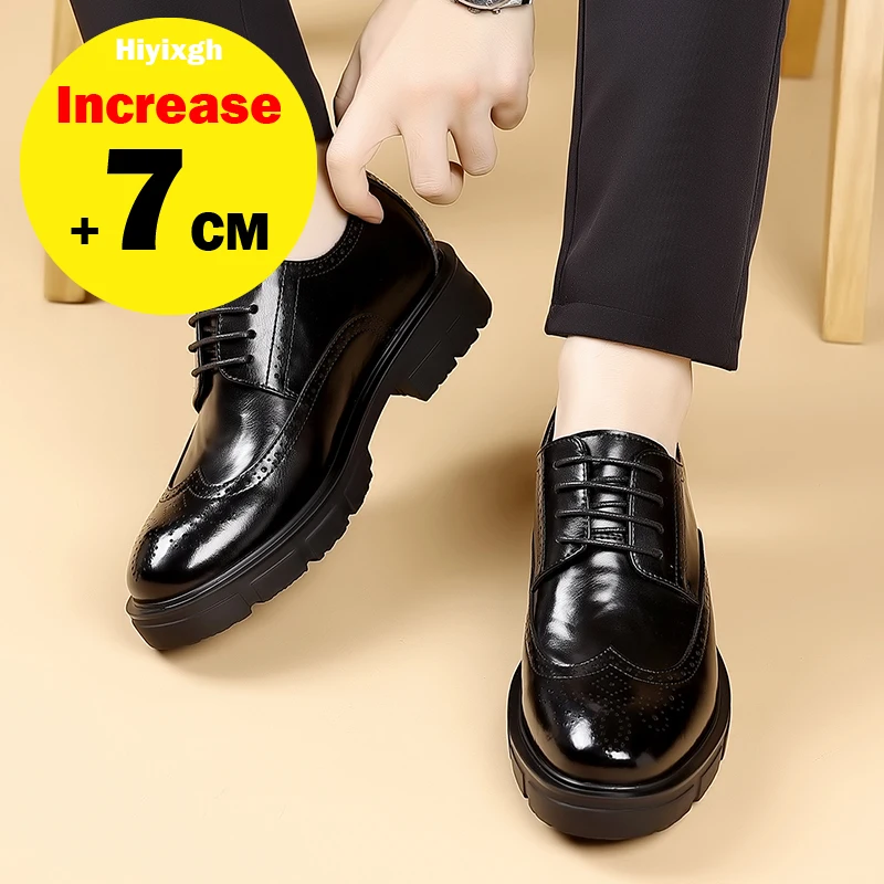Men's 7cm Elevator Shoes Leather Business Casual Thick Sole British Office Wedding Fashion Gentleman Heightening Shoes