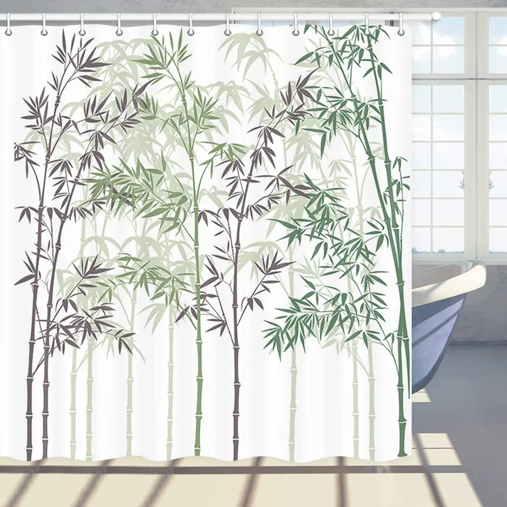 Leaves Shower Curtain Hand Painted Background with Bamboo Forest Bathroom Curtain Polyester Fabric Bath Curtains Set with Hooks