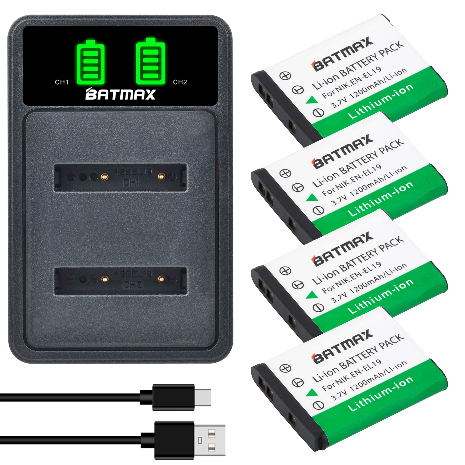 Batmax EN-EL19 Battery 1200mAh +LED Dual Charger for Nikon S100 S32 S33 S2500 S2600 S3100 S3300 S3500 S4100 S4150 S4300 S6400