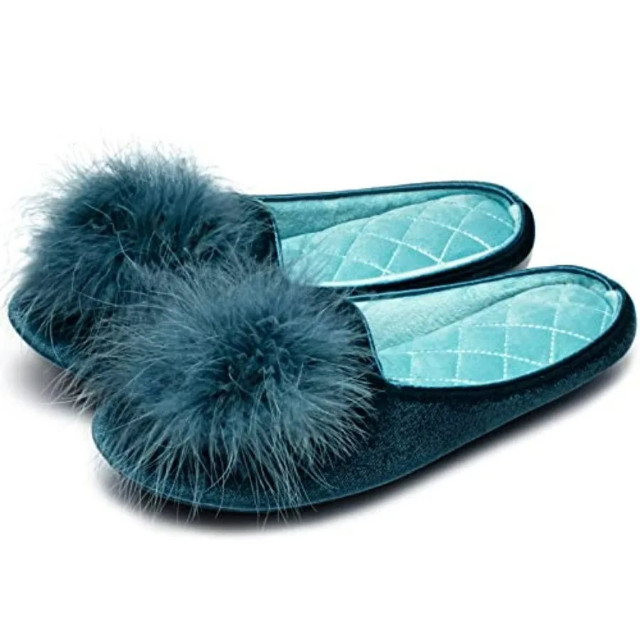 

GRITHEIM Women's Fuzzy Pom Pom Velvet Memory Foam House Slippers Ladies Cozy Chenille Knit Bedroom Slippers Non-slip Sole Indoo