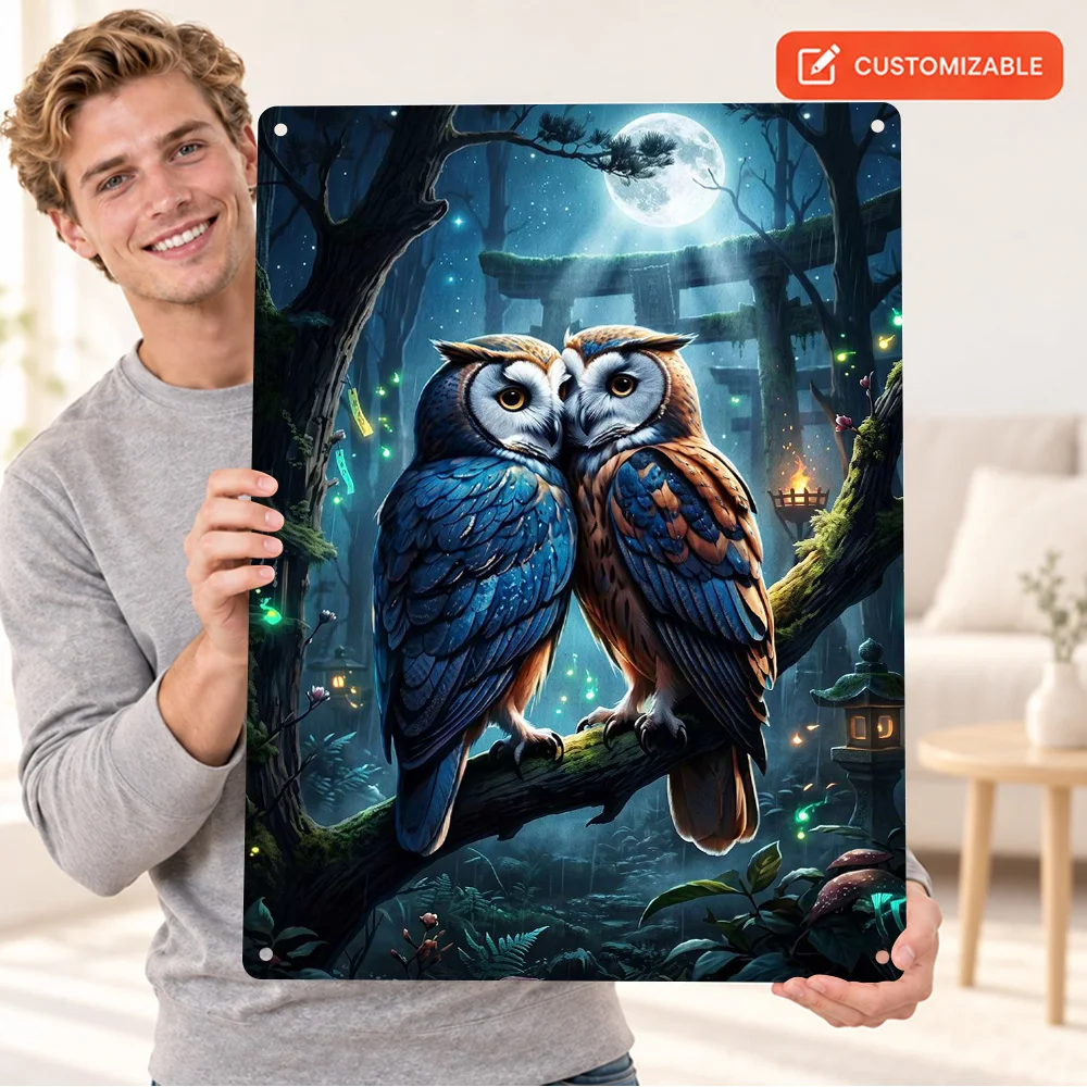Two Owls Perched In Enchanted Forest Printed Poster Personalized Aluminum Metal Sign Painterly Illustration Wall Art For Library