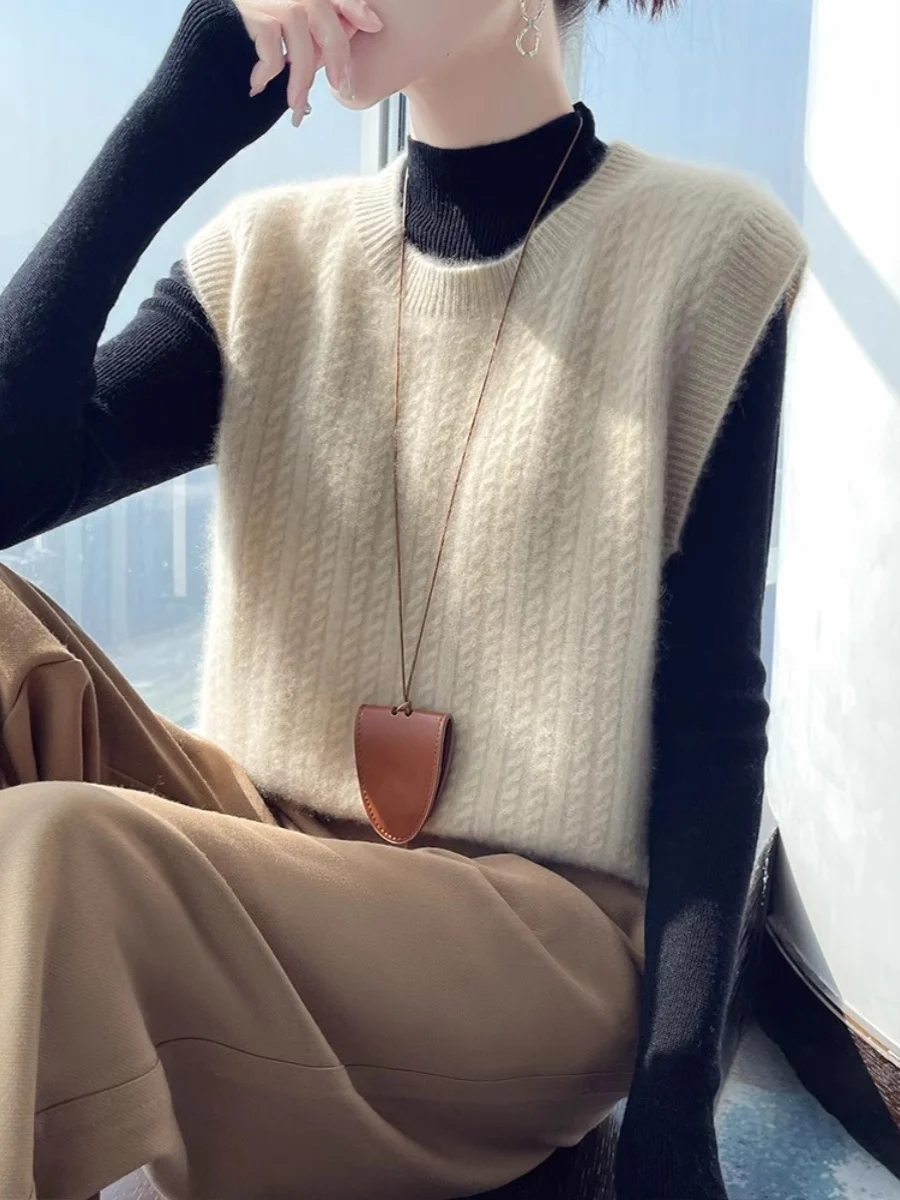 Women's round Ne Svel Vest Loose Fit Camere Knitwear Slimming Design Casual Sle Faionable Color Blo Pattern